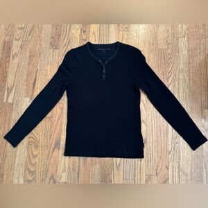 John Varvatos Black Waffle Knit Henley Long Sleeve Shirt - Small